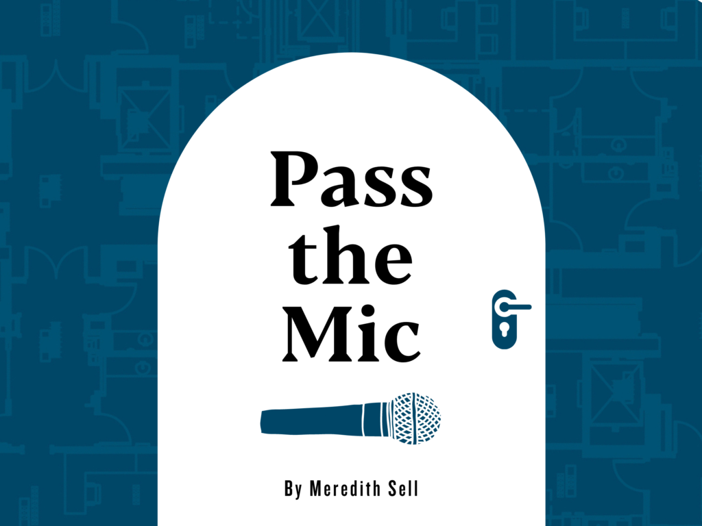 Pass The Mic Cover Art - Blueprint style background white door with blue door handle "Pass the Mic" blue microphone