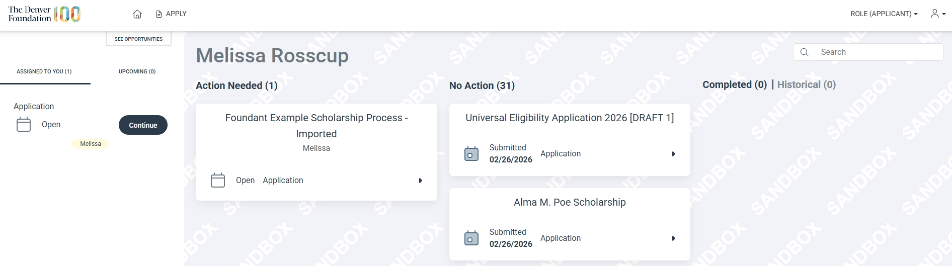 Sample Applicant Dashboard